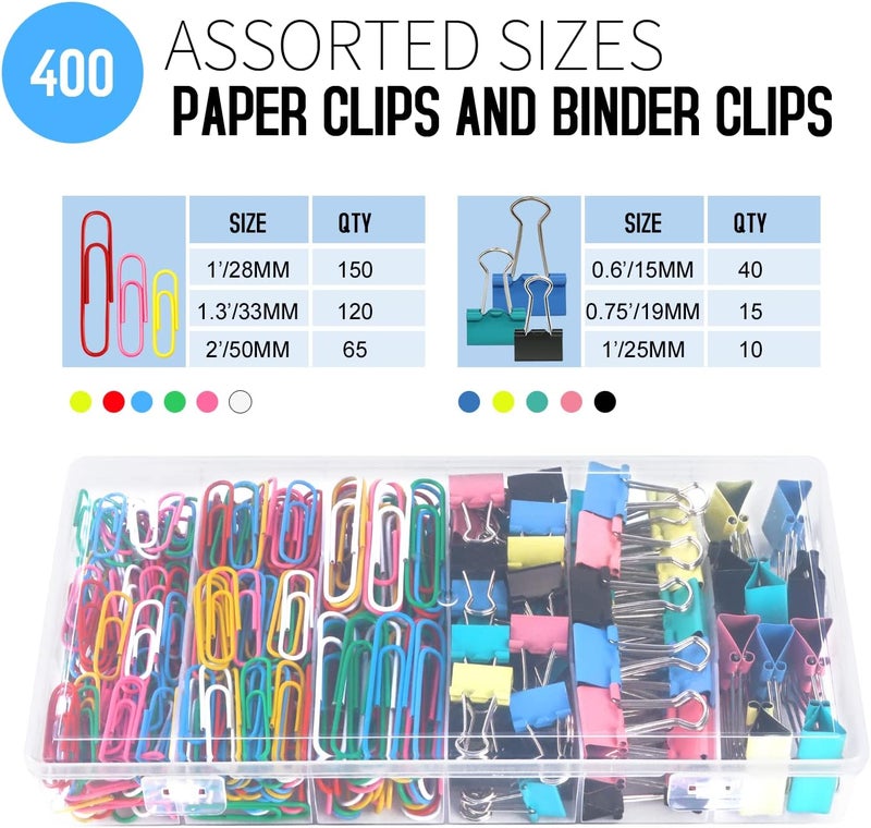 AnutriON Paper Clips Binder Clips, 400 Pcs Colored Office Clips Set, Assorted Sizes Colored Paper Clips and Binder Clips Set Great for Document Organizing - Image 2